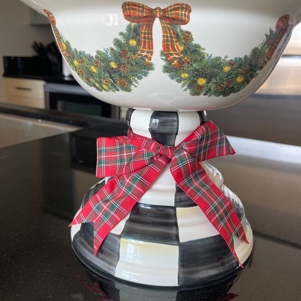 MacKenzie-Childs Courtly Check Evergreen Holiday Compote Bowl - Picture 2 of 7